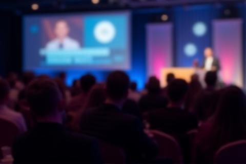 Speaker presenting at a conference event.