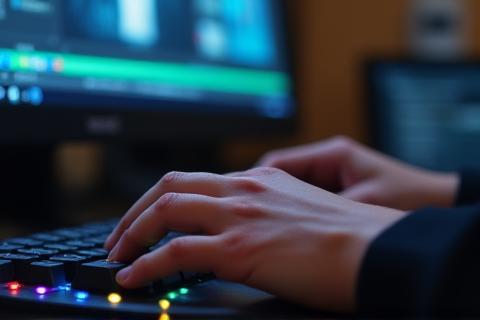 Close-up of hand editing photo on computer screen.